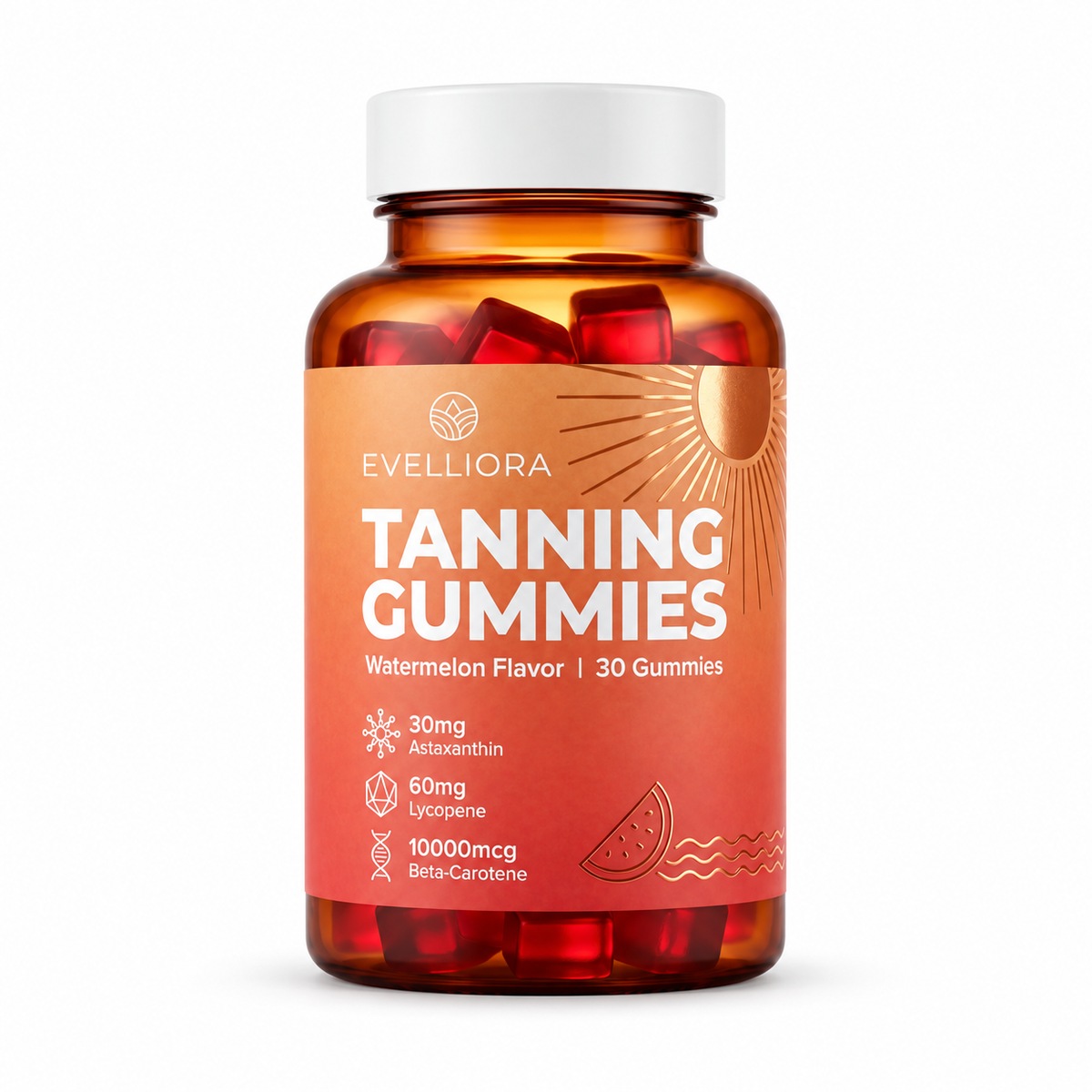 Evelliora Tanning Gummies β white background bottle